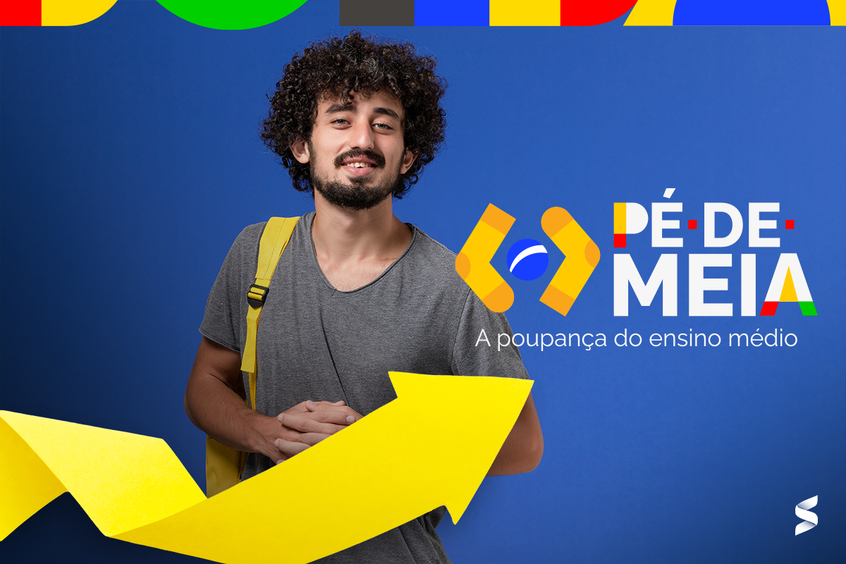 Estudante, ara com fundo azul, com nome Pé-de-meia